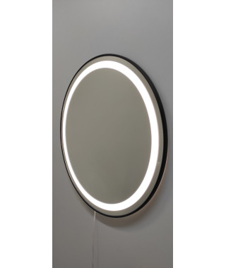 Зеркало круглой  формы  с подсветкой по периметру через стекло, в черной металлической раме различных диаметров. Р2021