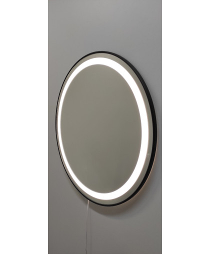 Зеркало круглой  формы  с подсветкой по периметру через стекло, в черной металлической раме различных диаметров. Р2021